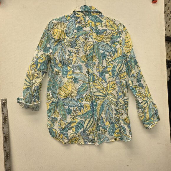J McLaughlin Size Large Linen Shirt Aqua Yellow Tropical Print Button Down - Picture 2 of 8